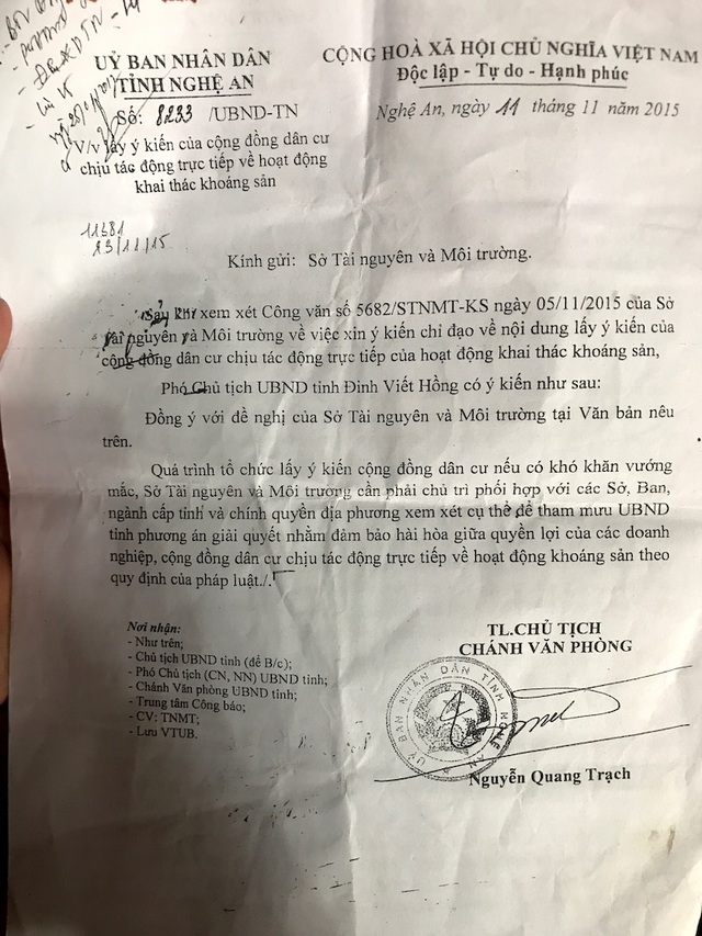 Mất đất, cuộc sống bị đảo lộn, dân kéo ra bờ sông phản đối tàu hút cát sỏi! - 6 Năm 2015 - UBND tỉnh Nghệ An đã có công văn giao cho Sở TNMT Nghệ An xem xét lấy ý kiến của người dân trước khi cấp phép khai thác khoáng sản trên địa bàn phải được sự hài hòa nhất trí của nhân dân.