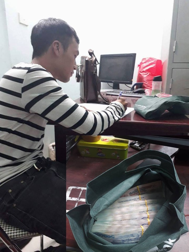 TP Hà Nội khen thưởng nam sinh chạy xe ôm trả lại 320 triệu đồng khách quên - 2 Em Cảng và số tiền của khách tại trụ sở công an (ảnh: Đ. Tuệ)