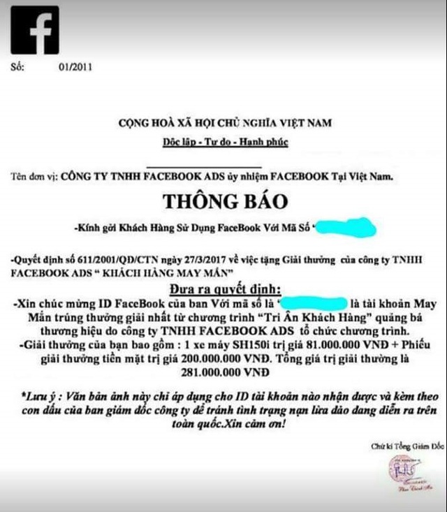 Lừa đảo Facebook bùng phát mạnh, người tiêu dùng chú ý - 1 Một thông báo trúng thưởng của những kẻ lừa đảo