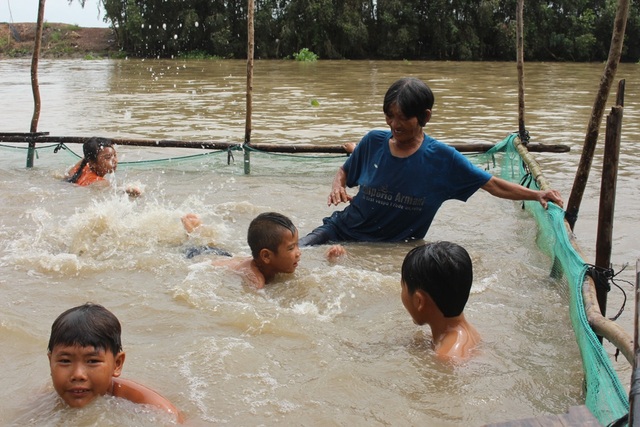 Người phụ nữ bán vé số dạy bơi miễn phí cho hơn 2.000 trẻ em vùng lũ - 2 Hồ bơi của bà Sáu Thia chỉ là những cọc tre cắm xuống sông và dùng lưới bao quanh