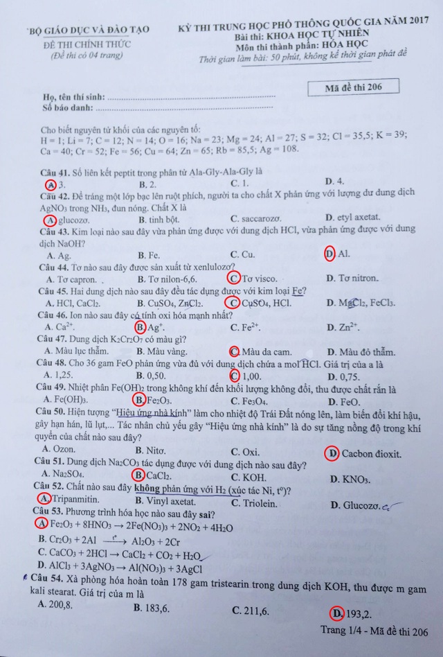 Đáp án gợi ý đề Hóa học kỳ thi THPT quốc gia 2017, mã đề 206 - 1 Đáp án gợi ý đề Hóa học kỳ thi THPT quốc gia 2017, mã đề 206 - 1