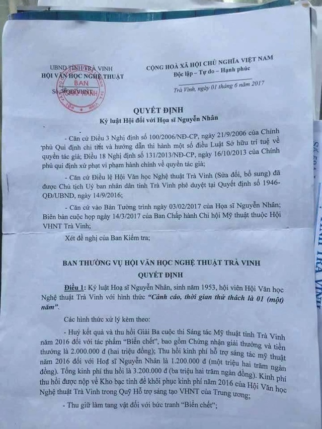 Lùm xùm “án kỷ luật” đối với tác giả bức tranh “Biển chết” ở Trà Vinh - 1 Quyết định kỷ luật hoạ sĩ Nguyễn Nhân của Hội VH-NT Trà Vinh. Ảnh: MQ.