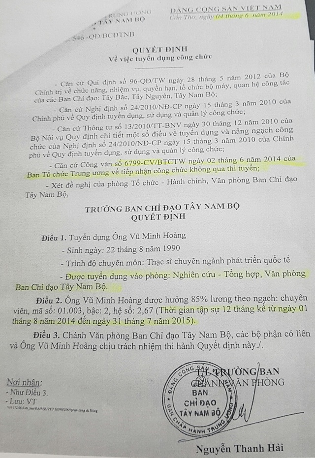 9X "thăng tiến thần tốc" Vũ Minh Hoàng không còn là cán bộ công chức - 1 Quyết định tiếp nhận ông Vũ Minh Hoàng về Ban chỉ đạo Tây Nam Bộ