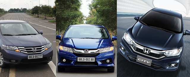 Honda City phiên bản mới có giá từ 568 triệu đồng - 1
Từ trái sang: Ba phiên bản của Honda City kể từ khi có mặt tại Việt Nam vào năm 2013.