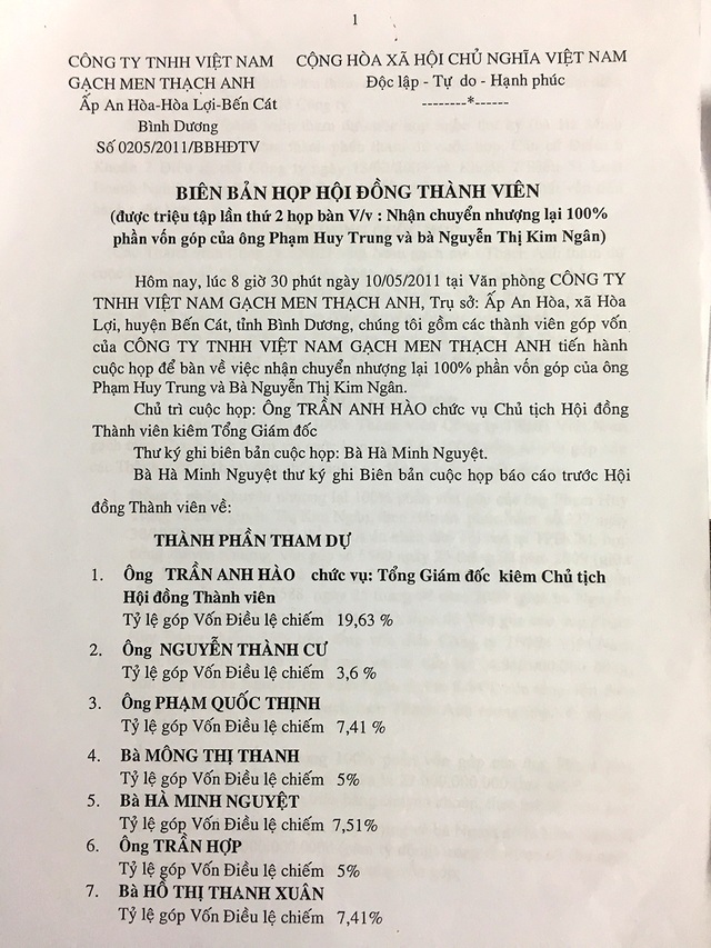 Bình Dương: Dàn cảnh “cướp” con dấu, chiếm đoạt công ty? - 3 Theo như Biên bản họp hội đồng thành viên ngày 10/5/2011, sau khi việc chuyển nhượng được hoàn tất theo thủ tục luật định thì ông Cư phải có nghĩa vụ chuyển nhượng lại toàn bộ phần vốn góp đó cho các thành viên của Cty gạch men Vicera theo tỷ lệ góp vốn của từng thành viên.