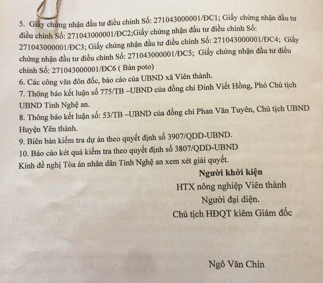 Dự án trồng chuối 4 triệu USD: “Thiên nga hóa thành vịt trời”! - 5 Đơn khởi kiện của HTX nông nghiệp Viên Thành.