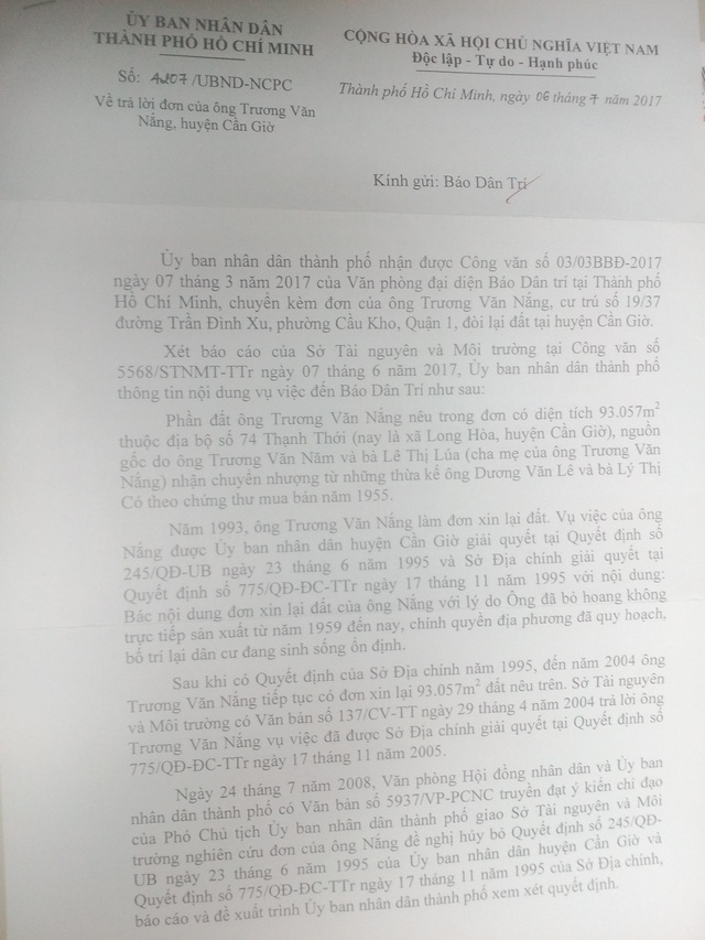 UBND TP Hồ Chí Minh hồi âm đơn thư bạn đọc Báo Dân trí! - 1 Văn bản trả lởi của UBND TPHCM