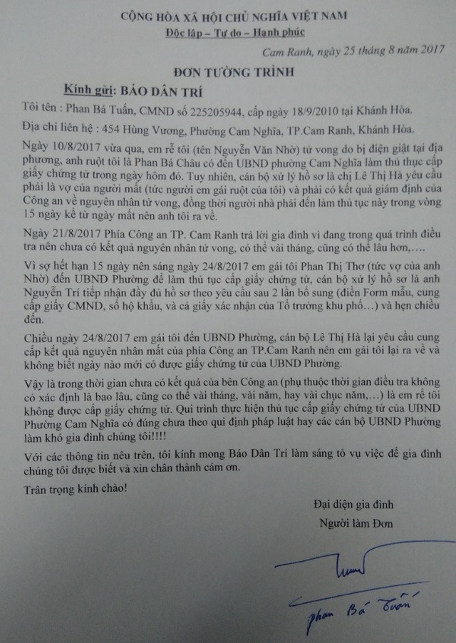 Chồng chết đột ngột, vợ than bị "làm khó" khi đi chứng tử - 2
Đơn trình bày của ông Phan Bá Tuấn, anh trai chị Thơ, gửi đến báo Dân trí trình bày sự việc
