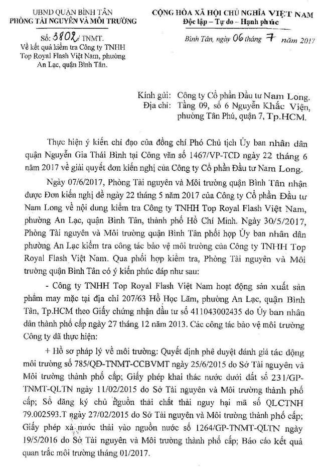 Bụi vải tấn công chung cư Ehome 3: Kết quả kiểm định bị... hoài nghi - 2 Thông báo về kết quả kiểm nghiệm của Phòng Tài nguyên và Môi trường quận Bình Tân bị cư dân hoài nghi