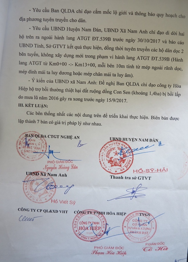 Đất dự án đường du lịch núi Đại Huệ bồi lấp... 40 hộ dân kêu cứu! - 7 Biên bản làm việc giữa Sở GTVT Nghệ An, UBND huyện Nam Đàn, UBND xã Nam Anh, Thanh tra Sở GTVT Nghệ An, Công ty TNHH Hòa Hiệp và Công ty CP tư vấn và Xây dựng Thành Đạt.