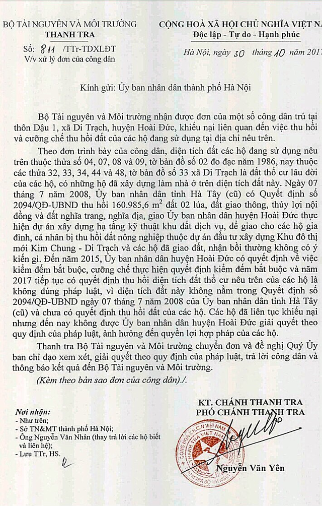 Bộ TN&MT đề nghị TP Hà Nội làm rõ khiếu nại của người dân! - 1
Công văn gửi UBND Thành phố Hà Nội của Thanh tra Bộ TN&MT.