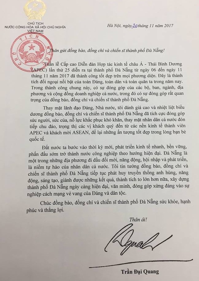 Chủ tịch nước: Đà Nẵng góp phần quan trọng trong thành công của APEC - 2 Thư của Chủ tịch nước Trần Đại Quang gửi đến Đà Nẵng