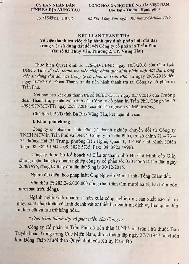 Sai phạm hàng loạt trong sử dụng "khu đất vàng" tại Bà Rịa - Vũng Tàu - 2
Kết luận thanh tra của UBND tỉnh Bà Rịa - Vũng Tàu về việc sử dụng khu đất vàng trên đường Thuỳ Vân.