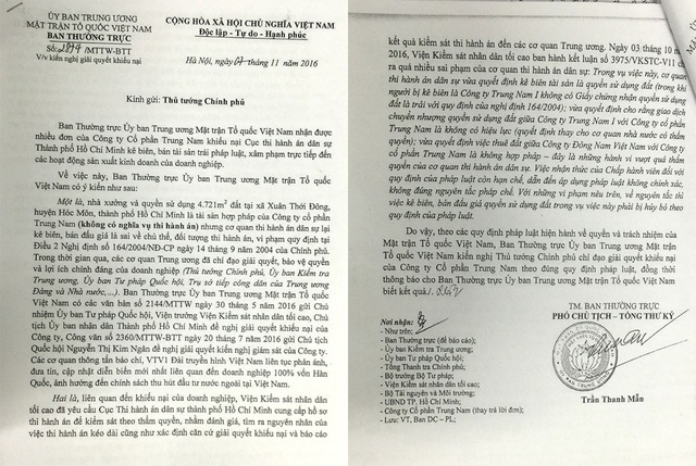 Vụ thi hành án kiểu “kì lạ”: Sở Tài nguyên và Môi trường làm trái Luật Đất đai! - 2 Công văn số 2874/MTTW-BTT gửi đến Thủ tướng Chính phủ, UBTW MTTQVN đã nêu ra 2 ý kiến đánh giá về vụ việc để Thủ tướng Chính phủ xem xét, giải quyết.