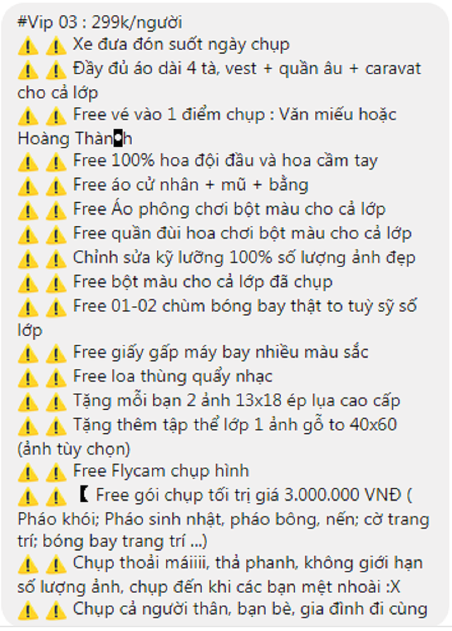 Chi 15 triệu đồng cho bộ ảnh kỷ yếu nhưng gặp thợ chụp "không có tâm"? - 4
Tuy nhiên theo các bạn sinh viên, gói chụp ảnh của bên chụp chỉ là “treo đầu dê bán thịt chó”