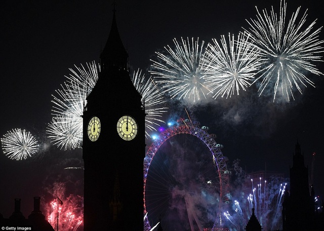 Pháo hoa rợp trời châu Âu chào đón năm mới 2017 - 1
Đồng hồ Big Ben điểm 12 giờ đêm trong thời khắc chuyển giao giữa năm cũ và năm mới khi pháo hoa rực sáng bầu trời thủ đô London, Anh (Ảnh: Getty)