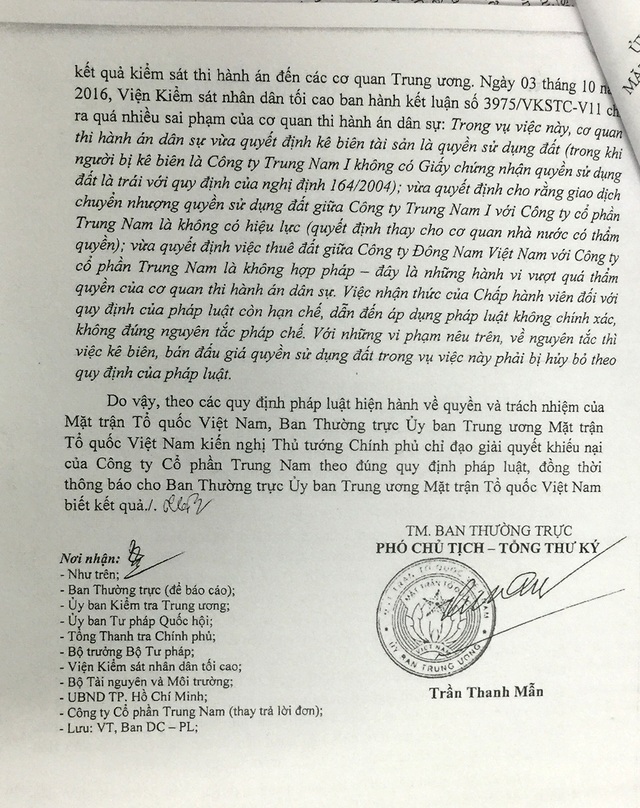 Vụ thi hành án kiểu “kì lạ”: Nhiều dấu hiệu sai phạm bị "lãng quên"? - 3 Ban Thường trực Uỷ ban Trung ương Mặt trận Tổ quốc Việt Nam đã có văn bản gửi Thủ tướng Chính phủ nêu ý kiến về việc Công ty Cổ phần Trung Nam.