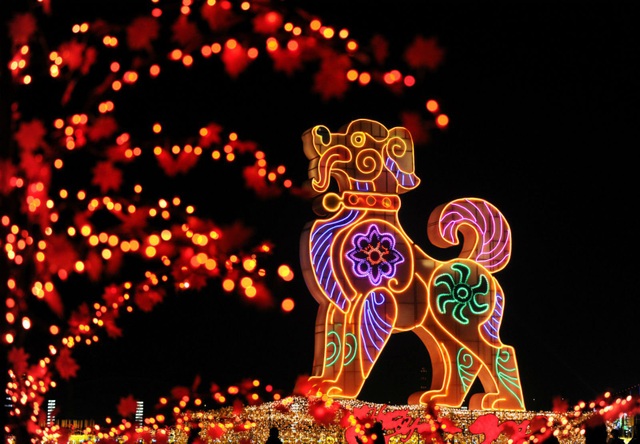 Không khí đón năm mới 2018 rộn ràng khắp thế giới - 8 Tại quảng trường Tinh Hải ở thành phố Đại Liên, tỉnh Liêu Ninh, Trung Quốc, mô hình linh vật chó khổng lồ đã được dựng lên và trang hoàng rực rỡ. Tính theo con giáp trong tết âm lịch của người Trung Quốc, năm 2018 sẽ là năm con chó. (Ảnh: Reuters)