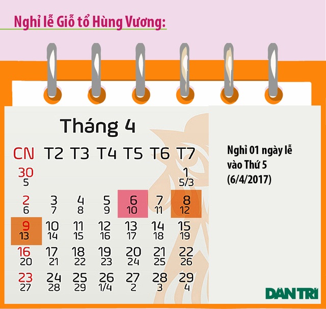 Dịp Giỗ Tổ Hùng Vương: Người lao động được nghỉ mấy ngày? - 1
Công chức, viên chức nghỉ 1 ngày trong Lễ Giỗ Tổ Hùng Vương 2017. Không hoán đổi nghỉ để có nhiều ngày nghỉ liền kề như những năm trước. (Đồ hoạ: Vũ Toản)