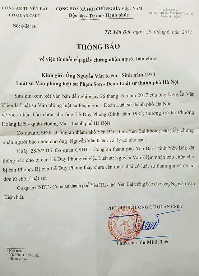 Công an Yên Bái từ chối cấp giấy cho luật sư bảo vệ nhà báo Duy Phong - 2 Công an Yên Bái từ chối cấp giấy cho luật sư bảo vệ nhà báo Duy Phong - 2
