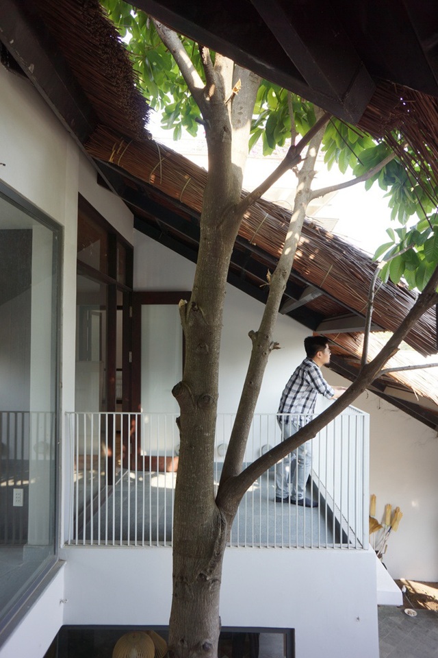 Căn nhà có lối kiến trúc khoáng đạt, kế thừa kinh nghiệm truyền thống nhờ lớp không gian chuyển tiếp trong – ngoài. Hệ lam gỗ chạy dọc hành lang tạo bề mặt cong chắn nắng Tây Nam cùng với các thớt mái lá dốc, vươn rộng hòa vào sân vườn.