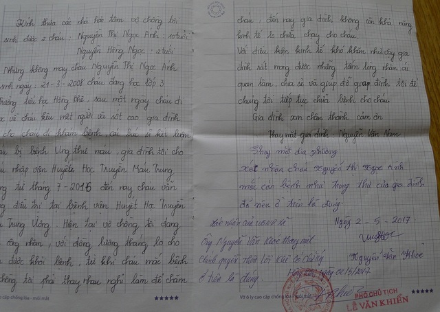 Thương bé 9 tuổi nguy kịch vì bệnh ung thư máu - 8 Lá đơn cầu cứu của gia đình chị Thảo.