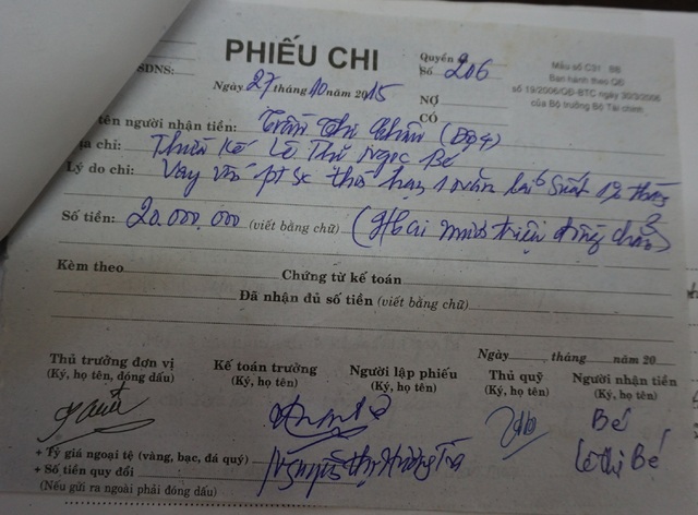 Nghệ An: Con vay tiền, cha bị “gán nợ”! - 6 Phiếu chi tiền có chữ ký của bà Lê Thị Ngọc Bé được Ban quản trị HTX nông nghiệp Hưng Dũng khẳng định do ông Lê Bá Tấn ký hộ con