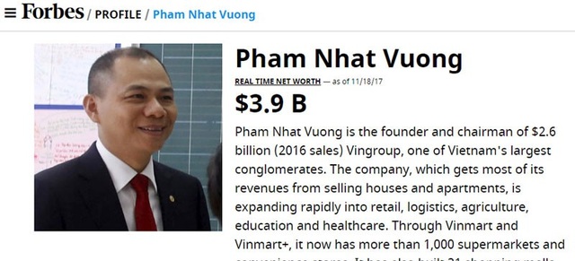 Tỷ phú Việt, những khối tiền tỷ USD Forbes không ngờ tới - 1
Tài sản của ông Phạm Nhật Vượng liên tục tăng mạnh trong 2 tuần gần đây.