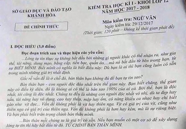 Truy xét nghi vấn lộ đề thi kiểm tra học kỳ lớp 12 ở Khánh Hòa - 1
Đề thi môn Văn lớp 12 trong kỳ thi kiểm tra học kỳ 1 ở Khánh Hòa được cho là bị lộ.