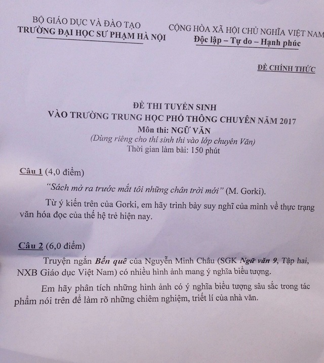 Đề Văn chuyên Sư phạm vào phần đọc thêm, thí sinh chủ quan bị mất điểm - 1 Đề thi tuyển sinh lớp chuyên Văn - THPT Chuyên ĐH Sư phạm Hà Nội 2017.