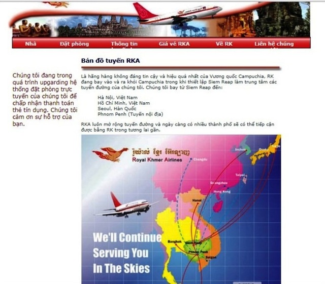 "Thân phận" hẩm hiu của chiếc Boeing bị bỏ rơi tại Nội Bài - 2 Ảnh chụp lại trang web của Royal Khmer Airlines ngày 4/11/2017