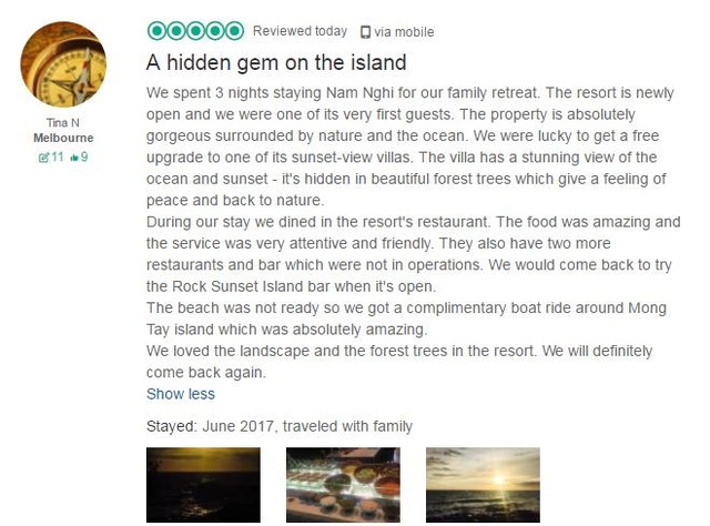 Trên website du lịch nổi tiếng TripAdvisor, Nam Nghi cũng nhận được đánh giá 5 sao cho chất lượng dịch vụ và cảnh quan thiên nhiên tuyệt đẹp của resort được ví von như “hòn ngọc quý ẩn mình trên đảo”.