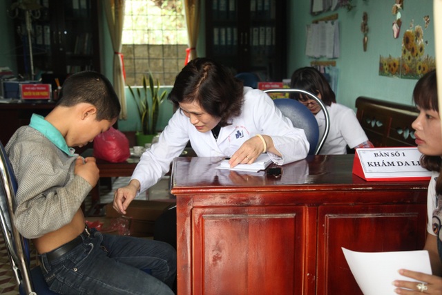 
			Bác sĩ Nguyễn Lê Hoa, Trưởng khoa Bệnh viện Da liễu Trung ương kiêm Trưởng phòng khám Da liễu HD Hà Nội thăm khám, phát thuốc cho học sinh
			