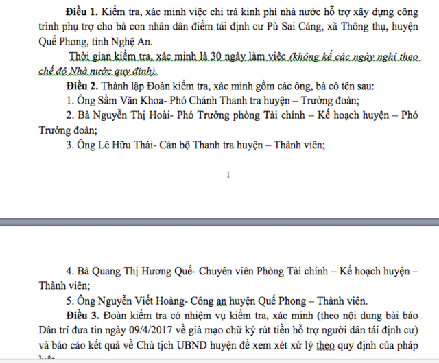 Lập đoàn kiểm tra "nghi án" giả mạo chữ ký rút tiền hỗ trợ người dân tái định cư! - 2 Quyết định số: 276/QĐ- UBND, ngày 10 tháng 4 năm 2017 về việc kiểm tra, xác minh sự việc Báo Dân trí phản ánh.