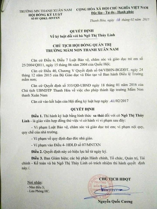 Sa thải cô giáo dùng đũa đánh bé hơn hai tuổi bầm tím đùi - 1
Quyết định kỷ luật sa thải đối với cô giáo Thùy Linh