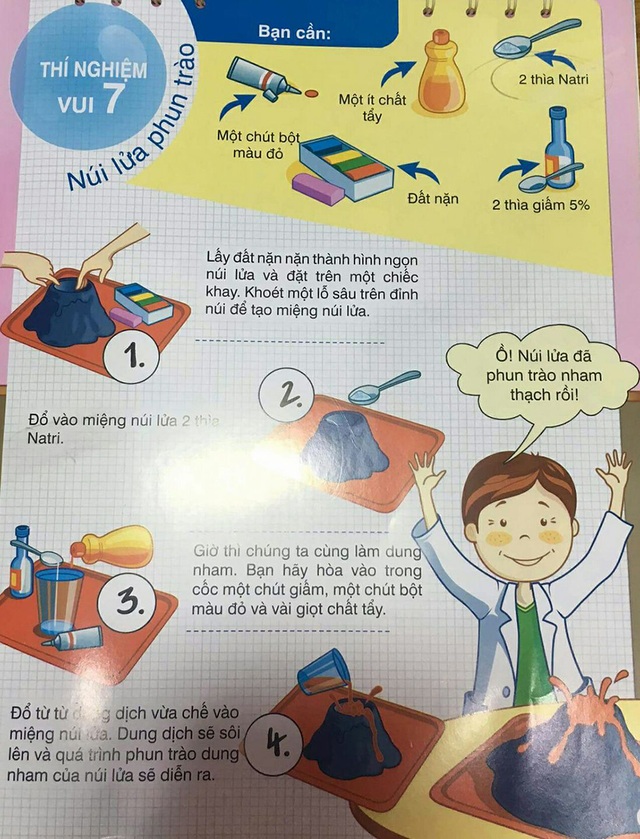 Phụ huynh hốt hoảng vì sách dạy trẻ làm thí nghiệm gây… cháy nổ - 1
Thí nghiệm vui 7 về Núi lửa phun trào in trong sách có nội dung sai tên hoá học (ảnh PH chụp)