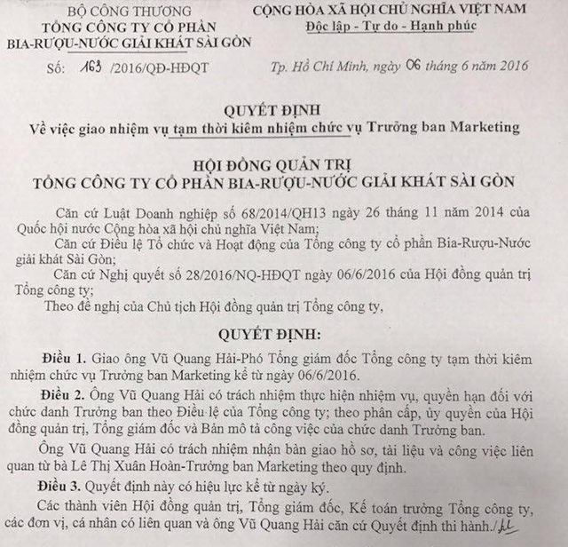 Con trai cựu Bộ trưởng Vũ Huy Hoàng xin ở lại Sabeco - 2
Ông Vũ Quang Hải được tạm kiêm nhiệm chức vụ Trưởng ban marketing từ 6/6/2016