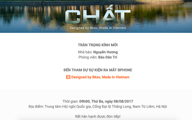 Bkav chuyển thư mời mạ vàng ra mắt Bphone 2 vào ngày 8/8 - 2
Thông tin thư mời điện tử sau khi quét mã code từ trên vé mời.