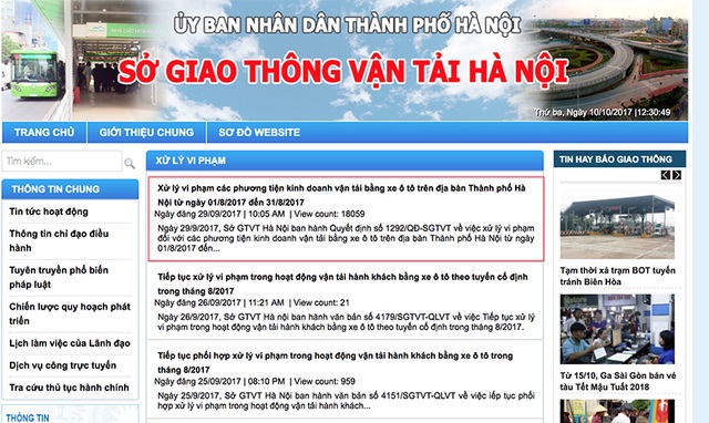 Cách kiểm tra xe ô tô có bị “treo” phạt nguội hay không - 5 Thông tin trên trang web của sở Giao thông Vận tải Hà Nội