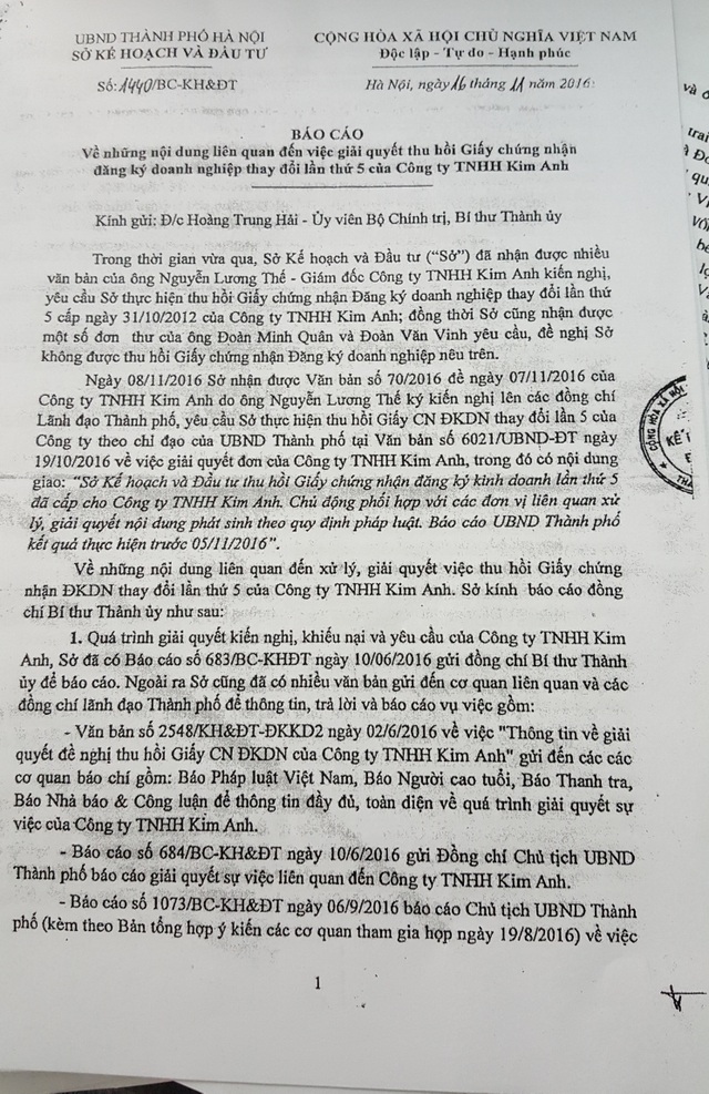 “Vênh quan điểm” với Bộ Công an, Bộ KHĐT khi quyết thu hồi 1 giấy phép đăng ký kinh doanh! - 2 Sở Kế hoạch và Đầu tư Hà Nội báo cáo Bí thư Thành uỷ Hà Nội.