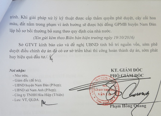 Đất dự án đường du lịch núi Đại Huệ bồi lấp... 40 hộ dân kêu cứu! - 5 Báo cáo thiệt hại liên quan đến việc bồi lấp đất xuống cánh đồng Con Sen do Sở GTVT Nghệ An thực hiện gửi UBND tỉnh Nghệ An.