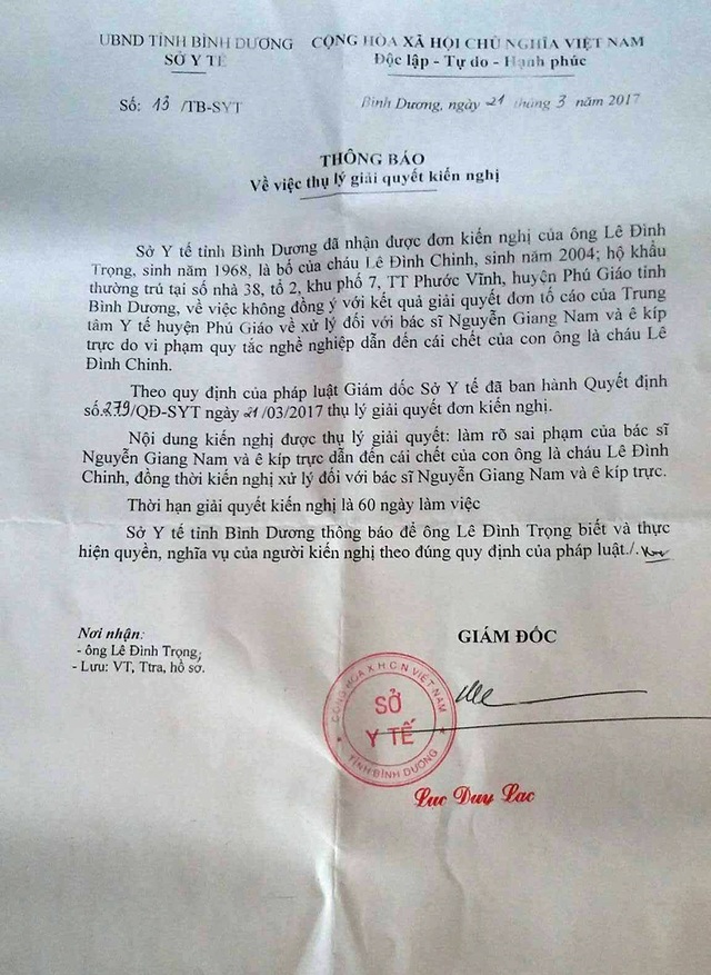 Chuyển hồ sơ sang cơ quan công an vụ bác sĩ tắc trách, bệnh nhi 13 tuổi tử vong - 2 Thông báo của Sở Y tế Bình Dương về việc giải quyết kiến nghị của ông Trọng trong thời gian 60 ngày.