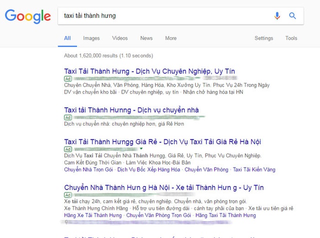 Cảnh báo: Gọi nhầm dịch vụ giả, mất đồ thật! - 1 Ảnh chụp màn hình, toàn bộ quảng cáo cho từ khóa “taxi tải Thành Hưng” đều là giả mạo