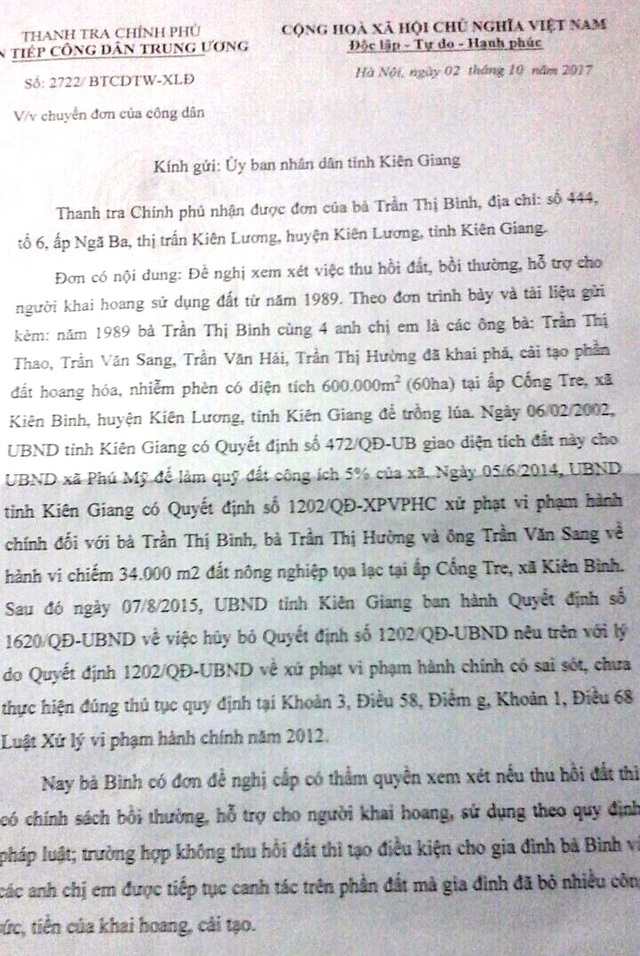 Thanh tra Chính phủ “nhắc” tỉnh Kiên Giang trả lời khiếu kiện của công dân! - 1 Công văn của Thanh tra Chính phủ gửi đến UBND tỉnh Kiên Giang để nghị đơn vị này trả lời cho chị em bà Trần Thị Bình theo qui định pháp luật