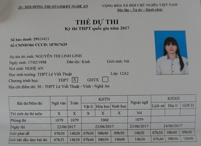 Gặp thí sinh hiếm hoi thi môn tiếng Trung tại Nghệ An - 2 Thẻ dự thi của thí sinh Nguyễn Thị Linh Linh