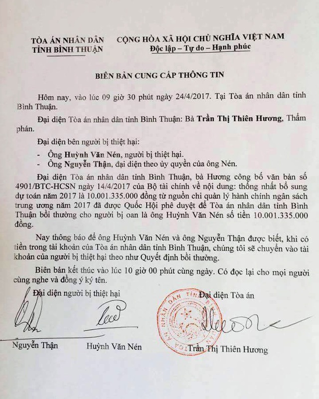 Bộ Tài chính chi hơn 10 tỷ đồng bồi thường ông Huỳnh Văn Nén - 2 Biên bản cung cấp thông tin của TAND tỉnh Bình Thuận về việc Bộ Tài chính chi hơn 10 tỷ đồng bồi thường oan sai.