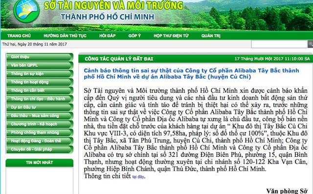 Vụ địa ốc Alibaba bán dự án "vịt trời": Cơ quan chức năng vào cuộc - 1 Sở Tài nguyên và Môi trường TPHCM lên tiếng cảnh báo khẩn cấp về hoạt động môi giới của 2 công ty Alibaba
