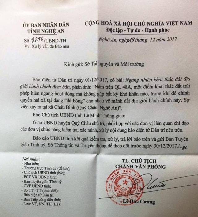UBND tỉnh Nghệ An chỉ đạo xử lý vụ khai thác đất địa giới hành chính đem bán! - 2 Công văn UBND tỉnh Nghệ An gửi cơ quan chức năng và Báo Dân trí.