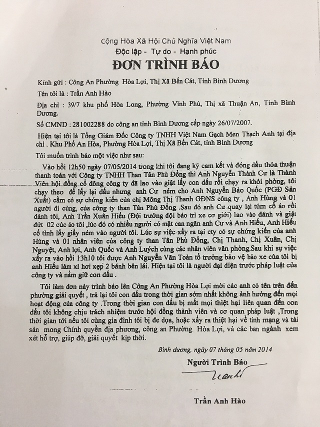Bình Dương: Dàn cảnh “cướp” con dấu, chiếm đoạt công ty? - 4 Đơn trình báo của ông Hào gửi đến cơ quan Công an.