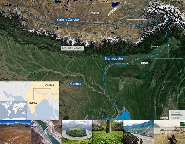 Trung Quốc dùng sông nước để “chơi khó” Ấn Độ? - 1 Bản đồ dòng chảy của sông Brahmaputra (Trung Quốc gọi là sông Yarlung Zangbo) chảy từ Trung Quốc xuống Ấn Độ và Bangladesh (Ảnh: BBC)